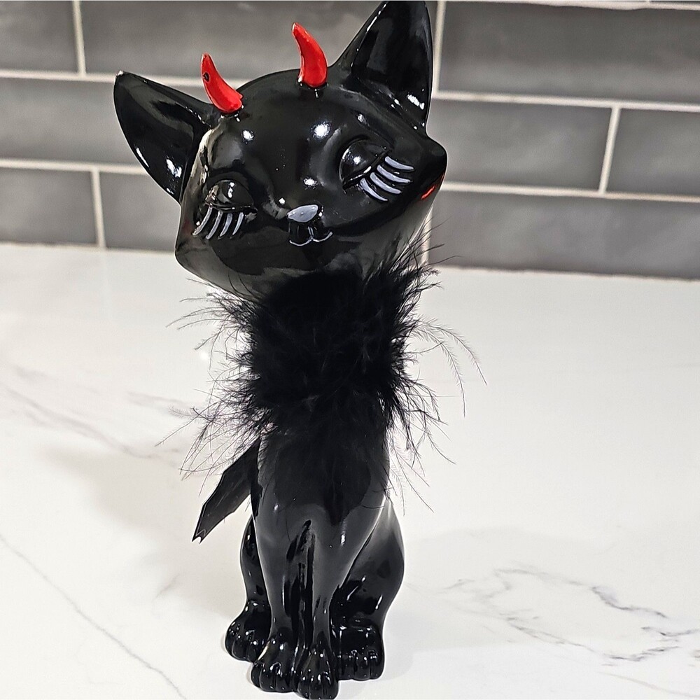 Bella Luxx Halloween Black Devil Cat Figurine with Red Horns and boa attached